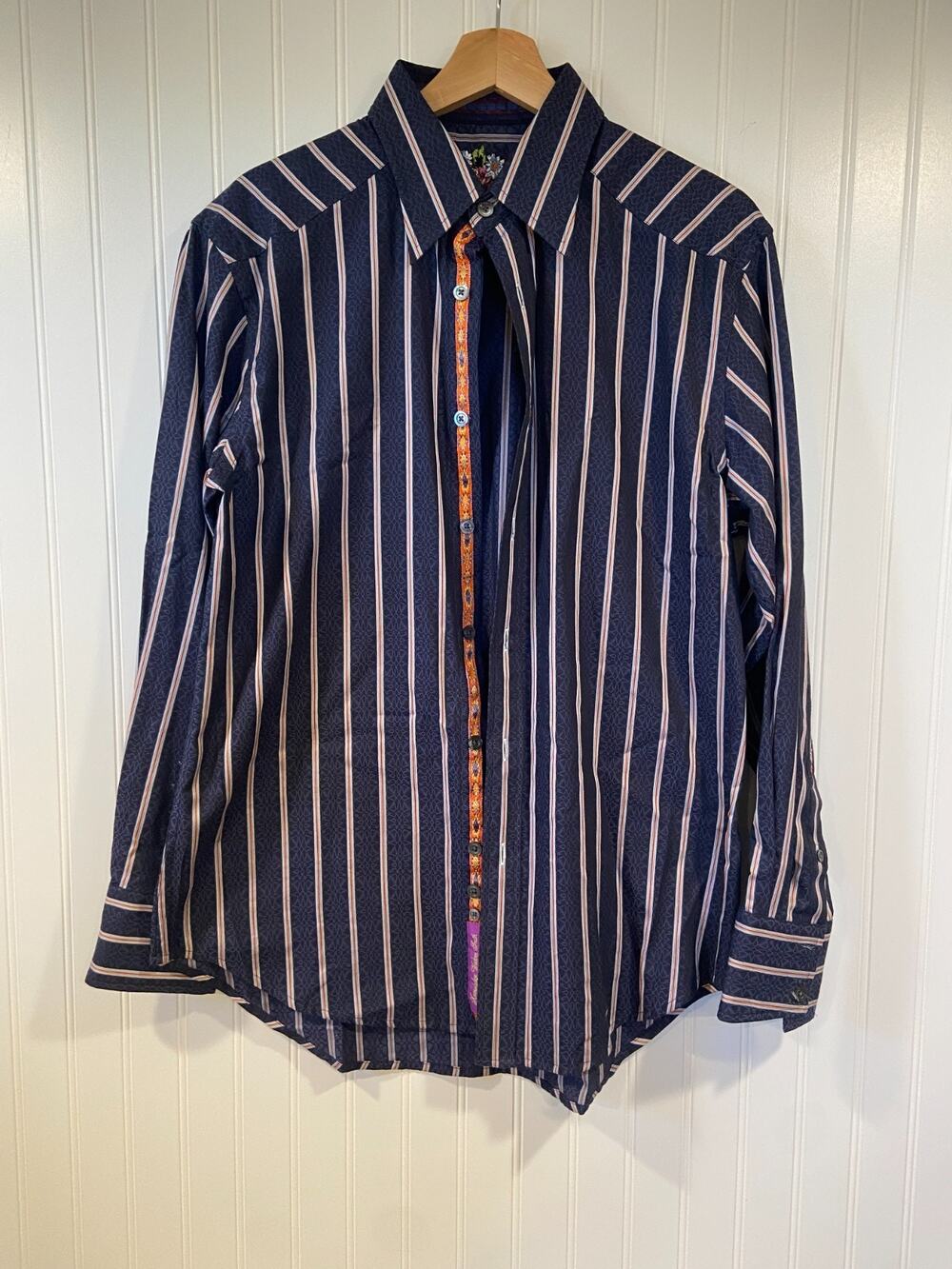 Robert Graham Shirt Men's Medium Blue Red Stripe EMBROIDERED FLORAL JACQUARD